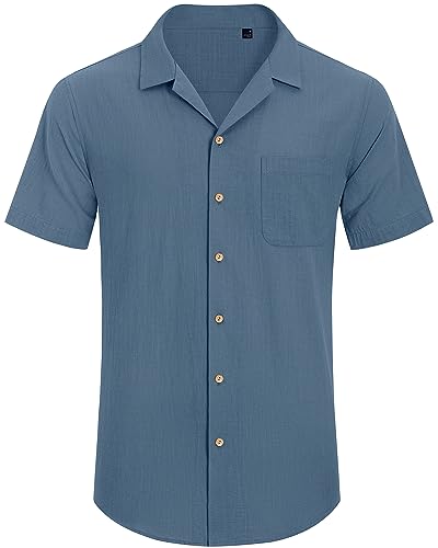 Alimens & Gentle Mens Linen Shirts Short Sleeve Button Down Shirts Cotton Summer Beach Cuban Shirts Vacation Hawaiian Shirts