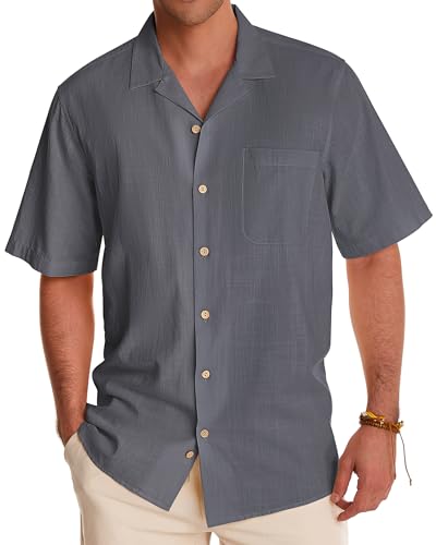 Alimens & Gentle Mens Linen Shirts Short Sleeve Button Down Shirts Cotton Summer Beach Cuban Shirts Vacation Hawaiian Shirts