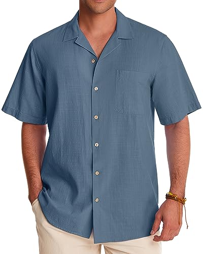 Alimens & Gentle Mens Linen Shirts Short Sleeve Button Down Shirts Cotton Summer Beach Cuban Shirts Vacation Hawaiian Shirts