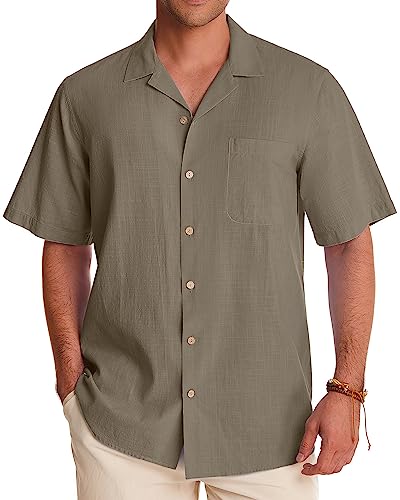 Alimens & Gentle Mens Linen Shirts Short Sleeve Button Down Shirts Cotton Summer Beach Cuban Shirts Vacation Hawaiian Shirts