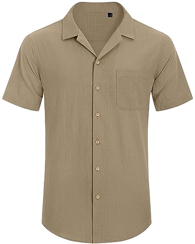 Alimens & Gentle Mens Linen Shirts Short Sleeve Button Down Shirts Cotton Summer Beach Cuban Shirts Vacation Hawaiian Shirts