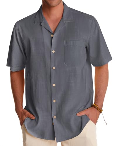 Alimens & Gentle Mens Linen Shirts Short Sleeve Button Down Shirts Cotton Summer Beach Cuban Shirts Vacation Hawaiian Shirts