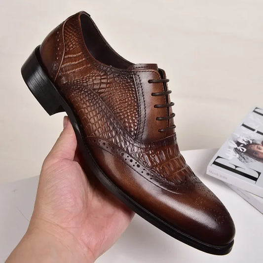 Casual Brock Oxford Retro Crocodile Leather Men's Shoes Formal Spring Autumn 2024 New Arrival Eye-Catching Short Length Dress Shoes